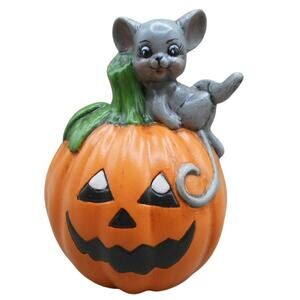 Vintage Halloween Ceramic Jack O'Lantern Pumpkin w/Mouse 4" Hand Painted